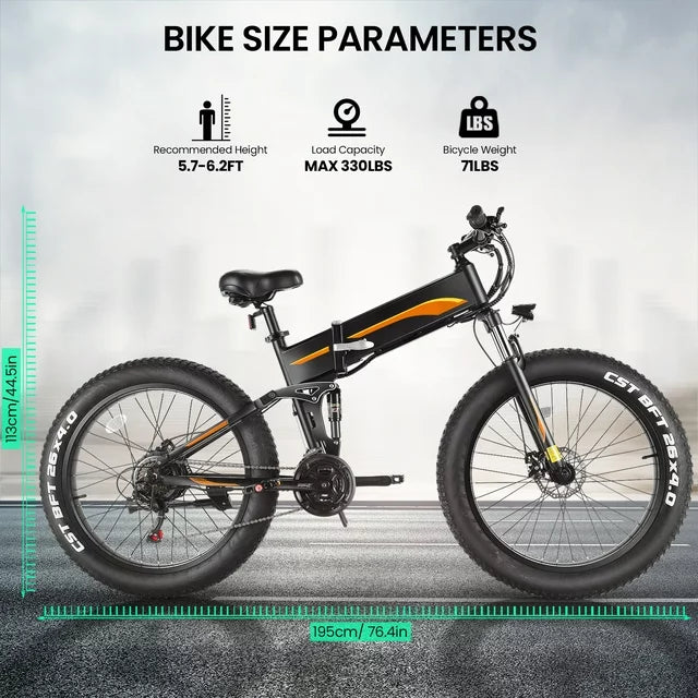 Funcid Electric Bike, 26"x4" Fat Tire Electric Bike for Adults 500W Ebike Foldable Adult Electric Mountain Bicycles with 48V 10Ah Battery, Lockable Suspension Fork, Shimano 21 Speed Gears