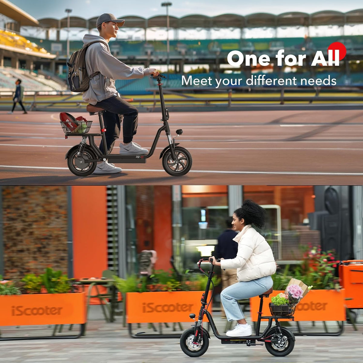 Patinete eléctrico iScooter con asiento, autonomía de 60/34 km y velocidad máxima de 45/30/25 km/h, neumáticos de 14"/12"/10", asiento de altura ajustable...