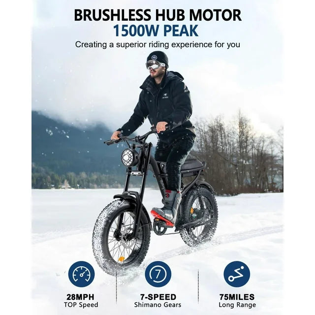 Ridingtimes Z8 Snow Ebikes for Adults, 20" Fat Tire, 1500W Motor, 28Mph, 6 Layer Full Suspension