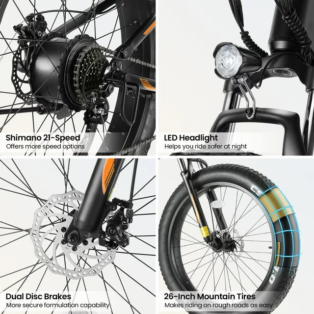 Funcid Electric Bike, 26"x4" Fat Tire Electric Bike for Adults 500W Ebike Foldable Adult Electric Mountain Bicycles with 48V 10Ah Battery, Lockable Suspension Fork, Shimano 21 Speed Gears