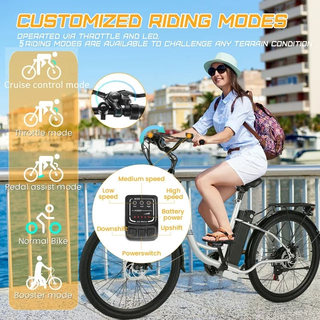 Gocio 500W Electric Bike for Adults, 26" Electric Hybrid Bicycle City Ebike, Women E Bike with 48V 7.8Ah Battery, Suspension Fork, 5 Modes Men Electric Bike with 7 Speed, LED Display and Headlight
