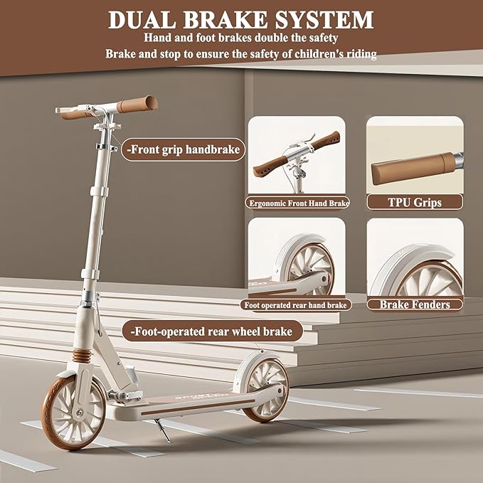 Commuter Adult Scooter 330 lbs Capacity, 8IN Solid Tires Big Wheels Scooters, 3 Handle Height Adjustable Levels, with Double Braking System, Foldable Scooter,Kick Scooter for Ages 6+