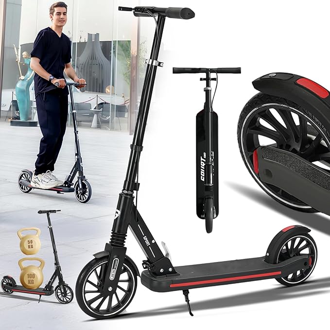 Commuter Adult Scooter 330 lbs Capacity, 8IN Solid Tires Big Wheels Scooters, 3 Handle Height Adjustable Levels, with Double Braking System, Foldable Scooter,Kick Scooter for Ages 6+