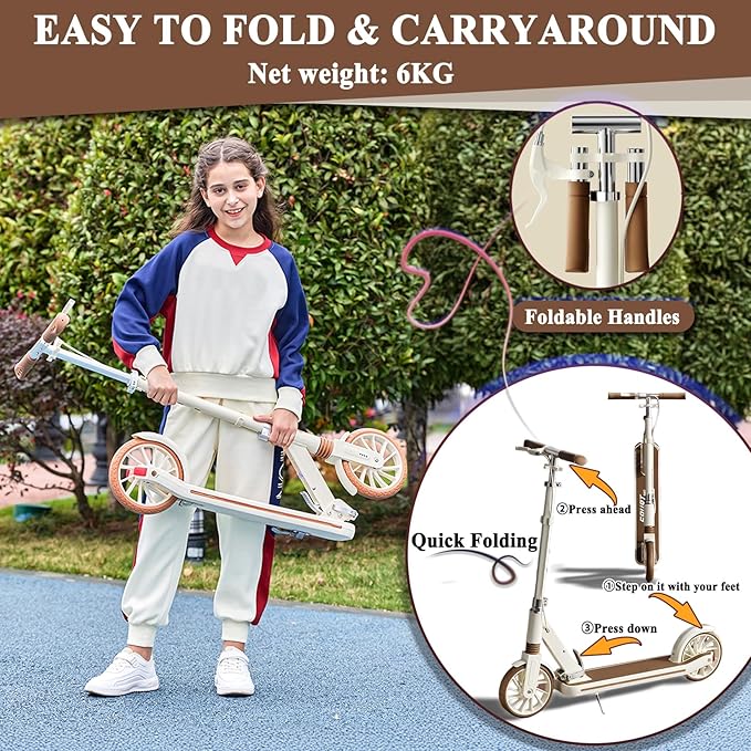Commuter Adult Scooter 330 lbs Capacity, 8IN Solid Tires Big Wheels Scooters, 3 Handle Height Adjustable Levels, with Double Braking System, Foldable Scooter,Kick Scooter for Ages 6+