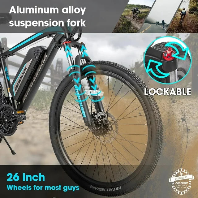 Hiland Rockshark Electric Bike Electric Mountain Bike Aluminum 26/27.5 inch 350W 20MPH Adults E-Bike Shimano 21 Speed Disc Brake Suspension Fork with 36V 10.4Ah Removable Battery