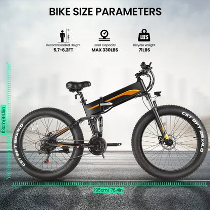Funcid Electric Bike, 26"x4" Fat Tire Electric Bike for Adults 500W Ebike Foldable Adult Electric Mountain Bicycles with 48V 10Ah Battery, Lockable Suspension Fork, Shimano 21 Speed Gears