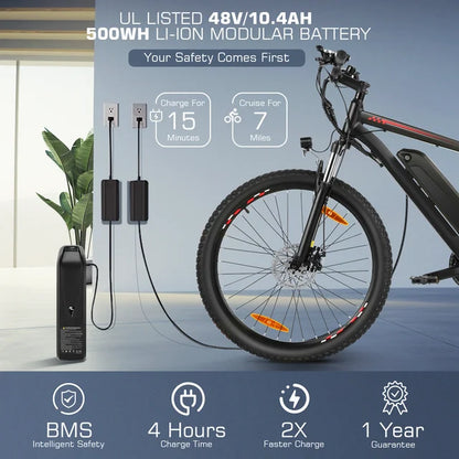 Funcid Electric Bike, Electric Bike for Adults 27.5" EBike 500W Adult Electric Bicycle, 19.8MPH Electric Mountain Bike, 48V 10.4Ah Battery, Lockable Suspension Fork, Shimano 21 Speed, LCD Display