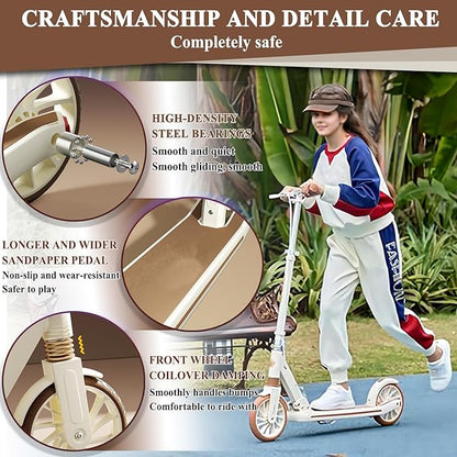 Commuter Adult Scooter 330 lbs Capacity, 8IN Solid Tires Big Wheels Scooters, 3 Handle Height Adjustable Levels, with Double Braking System, Foldable Scooter,Kick Scooter for Ages 6+