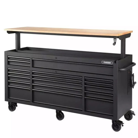 Heavy duty 72 in. W 18 Drawer Deep Tool Box Mobile Workbench in Matte Black with Adjustable Height Hardwood Top