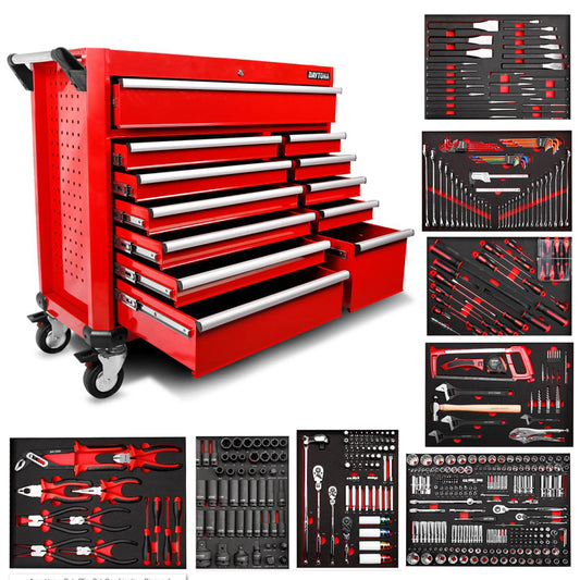 Daytona D655PS 655-teiliger Maschinen-Werkzeugsatz mit 43-Zoll-Werkstattwagen (12 Schubladen, Rot)