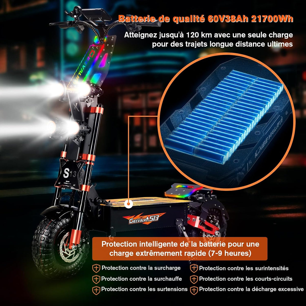 JAYSIMXIN Puissante Trottinette Électrique Adulte Scooter, 14 Pouces Trottinette électrique Tout Terrain, système de Suspension Confortable, Batterie au 60V 40Ah, 8 Heures de Charge,130 km.