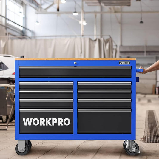 WORKPRO 116,8 cm Werkstattwagen mit 9 Schubladen, mobiler Werkzeugschrank mit Holzplatte, ausgestattet mit Rollen, Griff, Schubladeneinlagen und Schließsystem, 544 kg Tragkraft