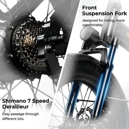 SOHAMO H3 Electric Bike for Adults 20" Fat Tire Folding Ebike, 750W Motor, 48V 15Ah Removable Battery, Front Suspension, Shimano 7 Speed Mountain Bike