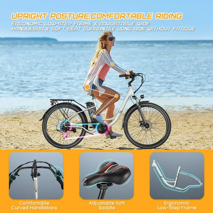 Gocio 500W Electric Bike for Adults, 26" Electric Hybrid Bicycle City Ebike, Women E Bike with 48V 7.8Ah Battery, Suspension Fork, 5 Modes Men Electric Bike with 7 Speed, LED Display and Headlight