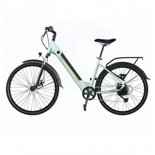 Bicicleta eléctrica Urban Bicicleta eléctrica de ciudad 28" con 90Km de autonomía, suspension delantera, cambio Shimano de 7 velocidades y doble disco de freno.