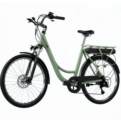 Bicicleta eléctrica Capital Bicicleta eléctrica de ciudad con 80 km de autonomía, 28", suspensión delantera, cambio Shimano de 6 velocidades y doble disco de freno.