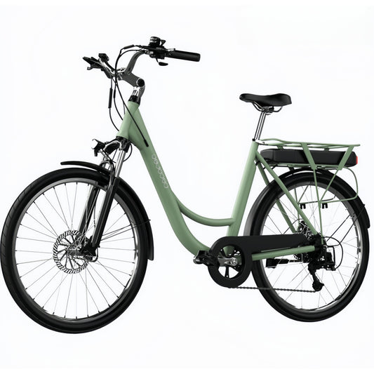 Bicicleta eléctrica Capital Bicicleta eléctrica de ciudad con 80 km de autonomía, 28", suspensión delantera, cambio Shimano de 6 velocidades y doble disco de freno.