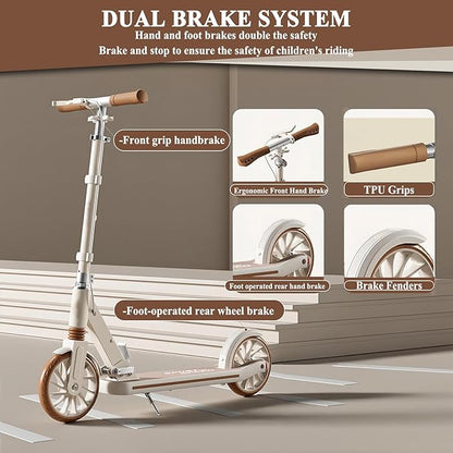 Commuter Adult Scooter 330 lbs Capacity, 8IN Solid Tires Big Wheels Scooters, 3 Handle Height Adjustable Levels, with Double Braking System, Foldable Scooter,Kick Scooter for Ages 6+